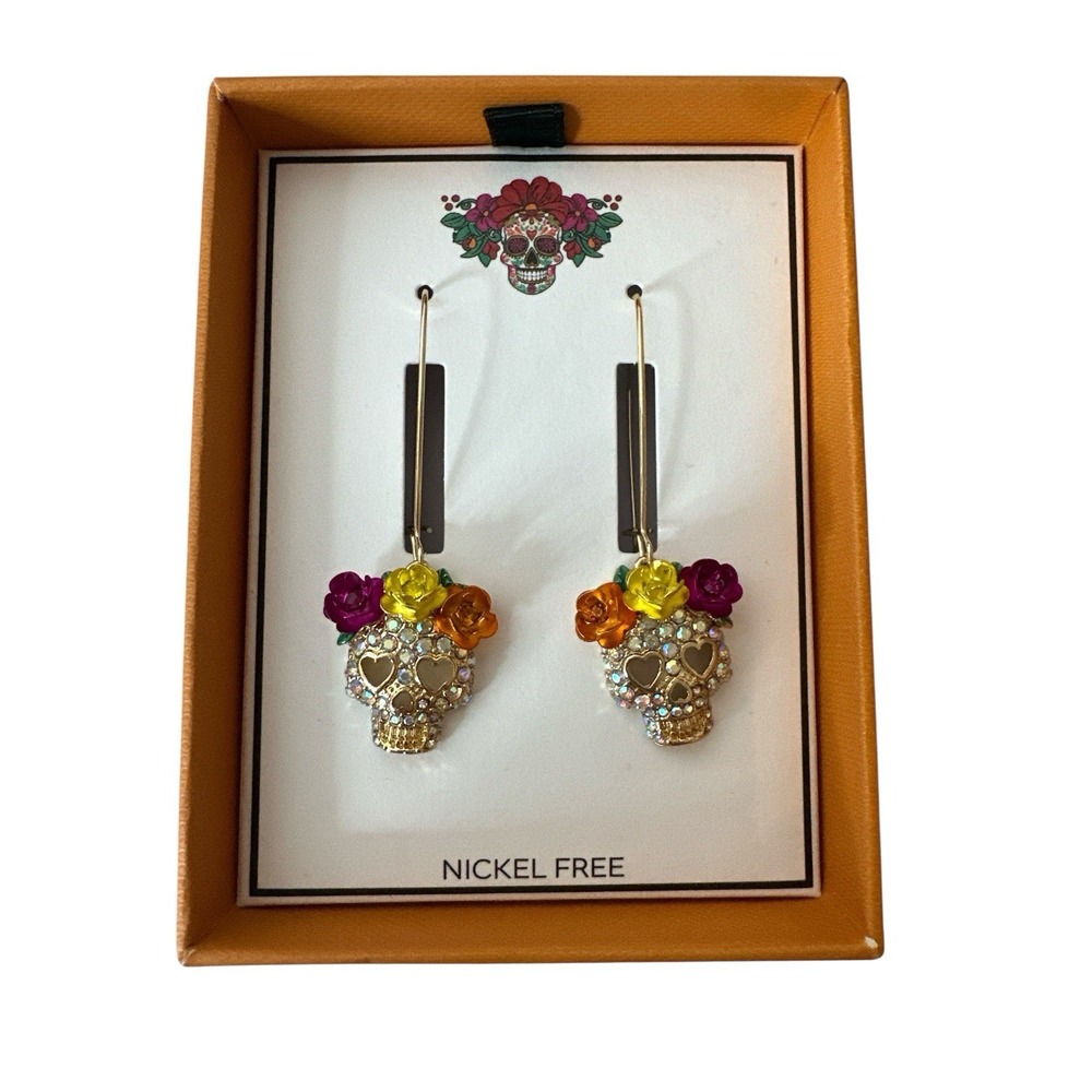New Nickel Free‎ Earrings Day of the Dead Flower Sugar Skull Dangle Halloween